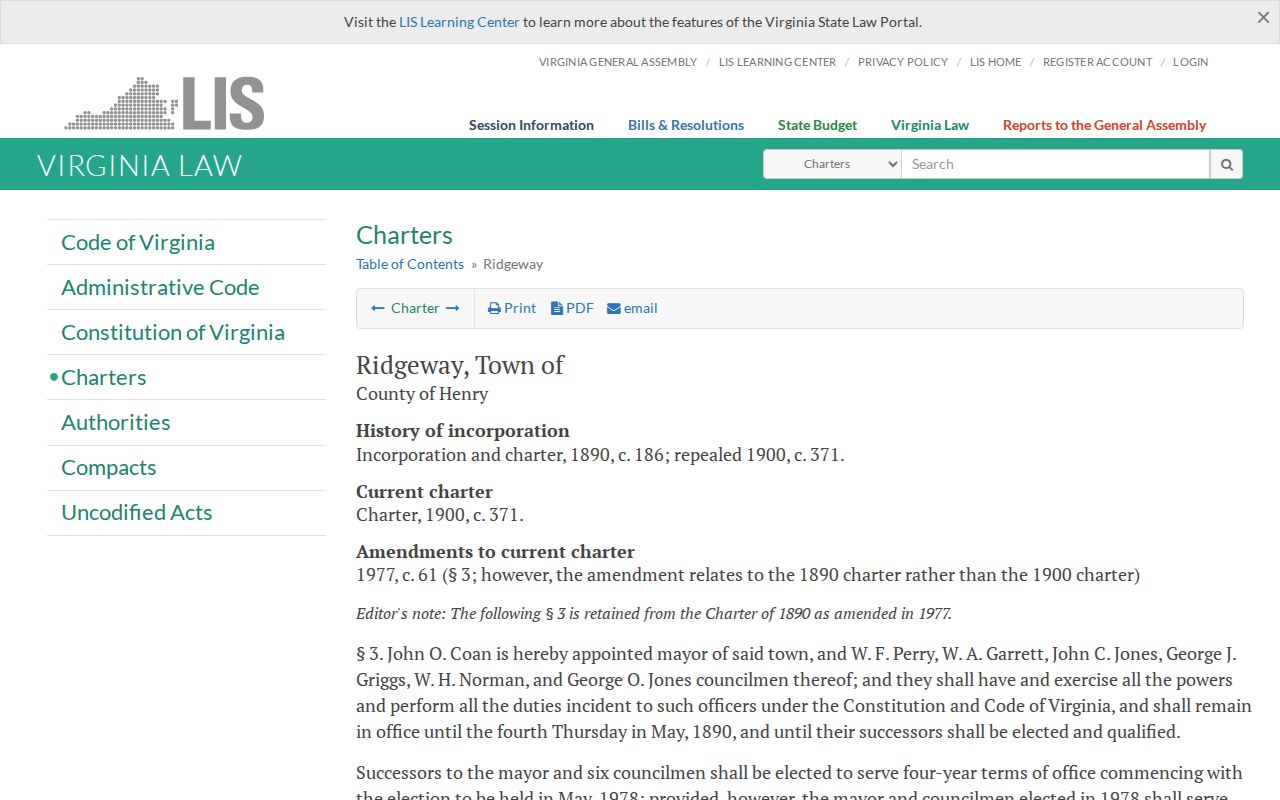 Ridgeway warrant records: charter context for town officers, not a public warrant system
